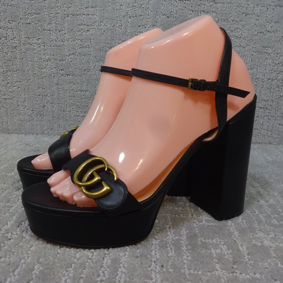 Gucci Shoes - Gucci Marmont Double G Women's Size 39 EU Black Leather High Heel Sandals Shoes